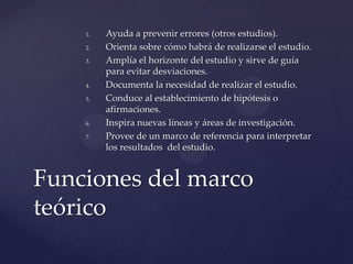 1.
2.
3.

4.
5.

6.
7.

Ayuda a prevenir errores (otros estudios).
Orienta sobre cómo habrá de realizarse el estudio.
Amplía el horizonte del estudio y sirve de guía
para evitar desviaciones.
Documenta la necesidad de realizar el estudio.
Conduce al establecimiento de hipótesis o
afirmaciones.
Inspira nuevas líneas y áreas de investigación.
Provee de un marco de referencia para interpretar
los resultados del estudio.

Funciones del marco
teórico

 