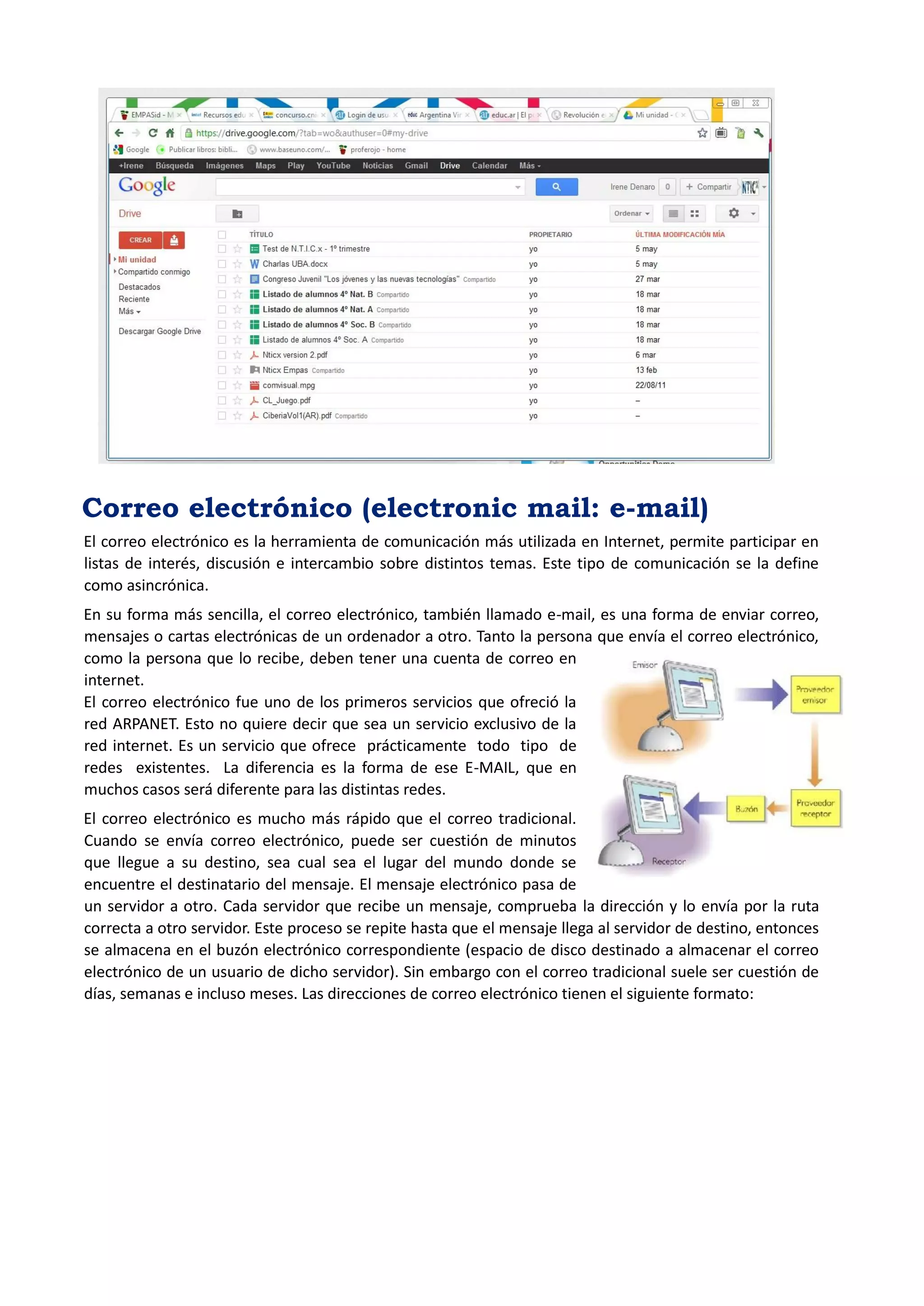 Correo electrónico (electronic mail: e-mail) 
El correo electrónico es la herramienta de comunicación más utilizada en Internet, permite participar en listas de interés, discusión e intercambio sobre distintos temas. Este tipo de comunicación se la define como asincrónica. 
En su forma más sencilla, el correo electrónico, también llamado e-mail, es una forma de enviar correo, mensajes o cartas electrónicas de un ordenador a otro. Tanto la persona que envía el correo electrónico, como la persona que lo recibe, deben tener una cuenta de correo en internet. 
El correo electrónico fue uno de los primeros servicios que ofreció la red ARPANET. Esto no quiere decir que sea un servicio exclusivo de la red internet. Es un servicio que ofrece prácticamente todo tipo de redes existentes. La diferencia es la forma de ese E-MAIL, que en muchos casos será diferente para las distintas redes. 
El correo electrónico es mucho más rápido que el correo tradicional. Cuando se envía correo electrónico, puede ser cuestión de minutos que llegue a su destino, sea cual sea el lugar del mundo donde se encuentre el destinatario del mensaje. El mensaje electrónico pasa de un servidor a otro. Cada servidor que recibe un mensaje, comprueba la dirección y lo envía por la ruta correcta a otro servidor. Este proceso se repite hasta que el mensaje llega al servidor de destino, entonces se almacena en el buzón electrónico correspondiente (espacio de disco destinado a almacenar el correo electrónico de un usuario de dicho servidor). Sin embargo con el correo tradicional suele ser cuestión de días, semanas e incluso meses. Las direcciones de correo electrónico tienen el siguiente formato: 
 