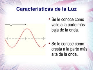 Características de la Luz

Se le conoce como
valle a la parte más
baja de la onda.

Se le conoce como
cresta a la parte más
alta de la onda.
 