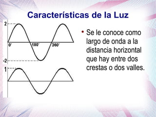 Características de la Luz

Se le conoce como
largo de onda a la
distancia horizontal
que hay entre dos
crestas o dos valles.
 