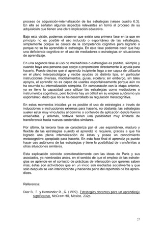 proceso de adquisición-internalización de las estrategias (véase cuadro 6.3).
En ella se señalan algunos aspectos relevantes en torno al proceso de su
adquisición que tienen una clara implicación educativa.
Bajo esta visión, podemos observar que existe una primera fase en la que en
principio no es posible el uso inducido o espontáneo de las estrategias,
simplemente porque se carece de la competencia cognitiva para lograrlo o
porque no se ha aprendido la estrategia. En esta fase podemos decir que hay
una deficiencia cognitiva en el uso de mediadores o estrategias en situaciones
de aprendizaje.
En una segunda fase el uso de mediadores o estrategias es posible, siempre y
cuando haya una persona que apoye o proporcione directamente la ayuda para
hacerlo. Puede decirse que el aprendiz incipiente llega a ser capaz de utilizarla
en el plano interpsicológico y recibe ayudas de distinto tipo, en particular
instrucciones diversas, modelamientos, guías, etcétera; sin embargo, sin tales
apoyos, el aprendiz no es capaz de usarlas espontáneamente porque aún no
ha ocurrido su internalización completa. En comparación con la etapa anterior,
ya se tiene la capacidad para utilizar las estrategias como mediadores o
instrumentos cognitivos, pero todavía hay un déficit en su empleo autónomo y/o
espontáneo, dado que no se ha desarrollado su regulación metacognitiva.
En estos momentos iniciales ya es posible el uso de estrategias a través de
inducciones e instrucciones externas para hacerlo, no obstante, las estrategias
suelen estar muy vinculadas al dominio o contenido de aplicación donde fueron
enseñadas, y además, todavía tienen una posibilidad muy limitada de
transferencia hacia nuevos contenidos similares.
Por último, la tercera fase se caracteriza por el uso espontáneo, maduro y
flexible de las estrategias cuando el aprendiz lo requiere, gracias a que ha
logrado una plena internalización de éstas y posee un conocimiento
metacognitivo apropiado para hacerlo. En esta fase final el aprendiz ya puede
hacer uso autónomo de las estrategias y tiene la posibilidad de transferirlas a
otras situaciones similares.
Esta explicación coincide considerablemente con las ideas de Paris y sus
asociados, ya nombradas antes, en el sentido de que el empleo de las estrate-
gias se aprende en el contexto de prácticas de interacción con quienes saben
más; éstas son actividades que en un inicio son mediadas socialmente y que
sólo después se van interiorizando y haciendo parte del repertorio de los apren-
dices.
Referencia:
Díaz B., F. y Hernández R., G. (1999). Estrategias docentes para un aprendizaje
significativo. McGraw Hill, México, 232p.
27
 