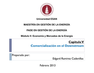CapituloV
Comercialización en el Downstream
Preparado por:
Edgard Ramirez Cadenillas
Febrero 2013
Universidad ESAN
MAESTRÍA EN GESTIÓN DE LA ENERGÍA
PADE EN GESTIÓN DE LA ENERGÍA
Módulo II: Economía y Mercados de la Energía
 