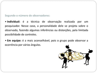 Segundo o número de observadores: 
• Individual: é a técnica de observação realizada por um 
pesquisador. Nesse caso, a personalidade dele se projeta sobre o 
observado, fazendo algumas inferências ou distorções, pela limitada 
possibilidade de controles. 
• Em equipe: é a mais aconselhável, pois o grupo pode observar a 
ocorrência por vários ângulos. 
 