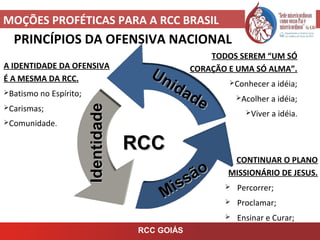 MOÇÕES PROFÉTICAS PARA A RCC BRASIL
PRINCÍPIOS DA OFENSIVA NACIONAL
RCC GOIÁS
RCCRCC
Unidade
UnidadeIdentidadeIdentidade
Missão
Missão
TODOS SEREM “UM SÓ
CORAÇÃO E UMA SÓ ALMA”.
Conhecer a idéia;
Acolher a idéia;
Viver a idéia.
A IDENTIDADE DA OFENSIVA
É A MESMA DA RCC.
Batismo no Espírito;
Carismas;
Comunidade.
CONTINUAR O PLANO
MISSIONÁRIO DE JESUS.
 Percorrer;
 Proclamar;
 Ensinar e Curar;
 