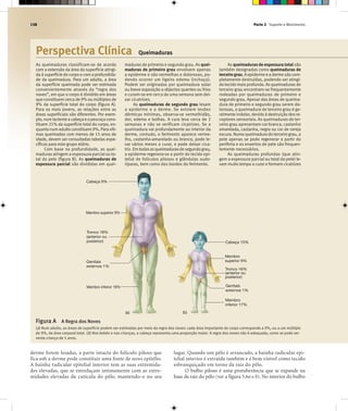 Parte 2 Suporte e Movimento158
Perspectiva Clínica Queimaduras
As queimaduras classificam-se de acordo
com a extensão da área da superfície atingi-
da à superfície do corpo e com a profundida-
de da queimadura. Para um adulto, a área
da superfície queimada pode ser estimada
convenientemente através da “regra dos
noves”, em que o corpo é dividido em áreas
que constituem cerca de 9% ou múltiplos de
9% da superfície total do corpo (figura A).
Para os mais jovens, as relações entre as
áreas superficiais são diferentes. Por exem-
plo,numlactenteacabeçaeopescoçocons-
tituem 21% da superfície total do corpo, en-
quanto num adulto constituem 9%. Paravíti-
mas queimadas com menos de 15 anos de
idade, devem ser consultadas tabelas espe-
cíficas para este grupo etário.
Com base na profundidade, as quei-
maduras atingem a espessura parcial ou to-
tal da pele (figura B). As queimaduras de
espessura parcial são divididas em quei-
maduras de primeiro e segundo grau. As quei-
maduras de primeiro grau envolvem apenas
a epiderme e são vermelhas e dolorosas, po-
dendo ocorrer um ligeiro edema (inchaço).
Podem ser originadas por queimadura solar
ou breve exposição a objectos quentes ou frios
e curam-se em cerca de uma semana sem dei-
xar cicatrizes.
As queimaduras de segundo grau lesam
a epiderme e a derme. Se existem lesões
dérmicas mínimas, observa-se vermelhidão,
dor, edema e bolhas. A cura leva cerca de 2
semanas e não se verificam cicatrizes. Se a
queimadura vai profundamente ao interior da
derme, contudo, o ferimento aparece verme-
lho, castanho-amarelado ou branco, pode le-
var vários meses a curar, e pode deixar cica-
triz. Emtodasasqueimadurasdesegundograu,
a epiderme regenera-se a partir do tecido epi-
telial de folículos pilosos e glândulas sudo-
ríparas, bem como dos bordos do ferimento.
As queimaduras de espessura total são
também designadas como queimaduras de
terceirograu. A epiderme e a derme são com-
pletamente destruídas, podendo ser atingi-
do tecido maisprofundo. Asqueimaduras de
terceiro grau encontram-se frequentemente
rodeadas por queimaduras de primeiro e
segundo grau. Apesar das áreas de queima-
dura de primeiro e segundo grau serem do-
lorosas, a queimadura de terceiro grau é ge-
ralmente indolor, devido à destruição dosre-
ceptores sensoriais. As queimaduras de ter-
ceiro grau apresentam cor branca, castanho
amarelada, castanha, negra ou cor de cereja
escura. Numa queimadura do terceiro grau, a
pele apenas se pode regenerar a partir da
periferia e os enxertos de pele são frequen-
temente necessários.
As queimaduras profundas (que atin-
gem a espessura parcial ou total da pele) le-
vam muito tempo a curar e formam cicatrizes
Cabeça 9%
Membro superior 9%
Tronco 18%
(anterior ou
posterior)
Genitais
externos 1%
Membro inferior 18%
Cabeça 15%
Membro
superior 9%
Tronco 16%
(anterior ou
posterior)
Genitais
externos 1%
Membro
inferior 17%
Figura A A Regra dos Noves
(a) Num adulto, as áreas de superfície podem ser estimadas por meio da regra dos noves: cada área importante do corpo corresponde a 9%, ou a um múltiplo
de 9%, da área corporal total. (b) Nos bebés e nas crianças, a cabeça representa uma proporção maior. A regra dos noves não é adequada, como se pode ver
nesta criança de 5 anos.
(a) (b)
derme forem lesadas, a parte intacta do folículo piloso que
fica sob a derme pode constituir uma fonte de novo epitélio.
A bainha radicular epitelial interior tem as suas extremida-
des elevadas, que se entrelaçam intimamente com as extre-
midades elevadas da cutícula do pêlo, mantendo-o no seu
lugar. Quando um pêlo é arrancado, a bainha radicular epi-
telial interior é extraída também e é bem visível como tecido
esbranquiçado em torno da raiz do pêlo.
O bulbo piloso é uma protuberância que se expande na
base da raiz do pêlo (ver a figura 5.6a e b). No interior do bulbo
 