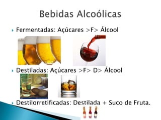  Fermentadas: Açúcares >F> Álcool
 Destiladas: Açúcares >F> D> Álcool
 Destilorretificadas: Destilada + Suco de Fruta.
 