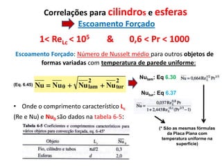 Correlações para cilindros e esferas
                       Escoamento Forçado
             1< ReLc < 105       &         0,6 < Pr < 1000
Escoamento Forçado: Número de Nusselt médio para outros objetos de
       formas variadas com temperatura de parede uniforme:

                                             Nulam: Eq 6.30
(Eq. 6.45)

                                             Nutur: Eq 6.37

• Onde o comprimento característico Lc
(Re e Nu) e Nu0 são dados na tabela 6-5:
                                                    (* São as mesmas fórmulas
                                                        da Placa Plana com
                                                      temperatura uniforme na
                                                             superfície)
 