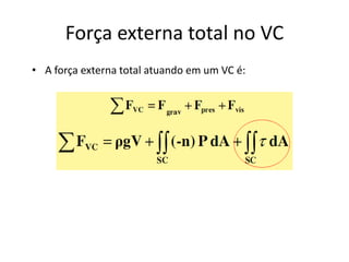 Força externa total no VC
• A força externa total atuando em um VC é:
 