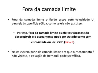 Fora da camada limite
• Fora da camada limite o fluido escoa com velocidade U,
  paralela à superfície sólida, como se ela não existisse.

   • Por isto, fora da camada limite os efeitos viscosos são
    desprezíveis e o escoamento pode ser tratado como sem
               viscosidade ou invíscido (τx = 0).


• Nesta extremidade da camada limite em que o escoamento é
  não-viscoso, a equação de Bernoulli pode ser válida.
 