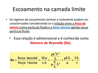Escoamento na camada limite
• Os regimes de escoamento laminar e turbulento podem ser
  caracterizados considerando-se a relação entre a força de
  inércia numa partícula fluida e a força viscosa agindo nessa
  partícula fluida.

  • Essa relação é adimensional e é conhecida como
               Número de Reynolds (Re).
 