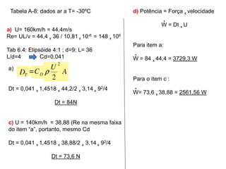 Tabela A-8: dados ar a T= -30ºC                  d) Potência = Força x velocidade
                                                              .
                                                             W = Dt x U
a) U= 160km/h = 44,4m/s
Re= UL/v = 44,4 x 36 / 10,81 x 10-6 = 148 x 106
                                                  Para item a:
Tab 6.4: Elipsóide 4:1 ; d=9; L= 36
                                                  .
L/d=4         Cd=0,041                            W = 84 x 44,4 = 3729,3 W
a)
                                                  Para o item c :
Dt = 0,041 x 1,4518 x 44,2/2 x 3,14 x 92/4        .
                                                  W= 73,6 x 38,88 = 2561,56 W
                   Dt = 84N


c) U = 140km/h = 38,88 (Re na mesma faixa
do item “a”, portanto, mesmo Cd

Dt = 0,041 x 1,4518 x 38,88/2 x 3,14 x 92/4

                  Dt = 73,6 N
 