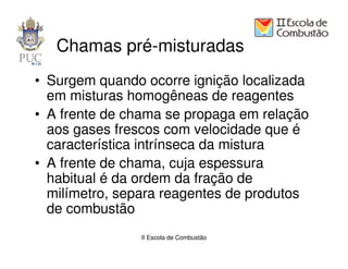 Chamas pré-misturadas
• Surgem quando ocorre ignição localizada
  em misturas homogêneas de reagentes
• A frente de chama se propaga em relação
  aos gases frescos com velocidade que é
  característica intrínseca da mistura
• A frente de chama, cuja espessura
  habitual é da ordem da fração de
  milímetro, separa reagentes de produtos
  de combustão
               II Escola de Combustão
 