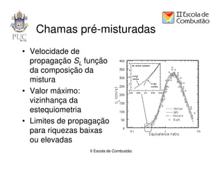 Chamas pré-misturadas
• Velocidade de
  propagação SL função
  da composição da
  mistura
• Valor máximo:
  vizinhança da
  estequiometria
• Limites de propagação
  para riquezas baixas
  ou elevadas
                 II Escola de Combustão
 