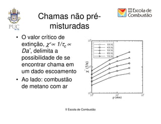 Chamas não pré-
          misturadas
• O valor crítico de
  extinção, χ∗∝ 1/τc ∝
  Da*, delimita a
  possibilidade de se
  encontrar chama em
  um dado escoamento
• Ao lado: combustão
  de metano com ar


                 II Escola de Combustão
 