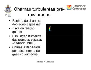 Chamas turbulentas pré-
        misturadas
• Regime de chamas
  dobradas-espessas
• Taxa de reação
  química
• Simulação numérica
  das grandes escalas
  (Andrade, 2009)
• Chama estabilizada
  por escoamento de
  gases queimados

                 II Escola de Combustão
 