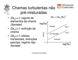 Chamas turbulentas não
      pré-misturadas
• Daη>>1: regime de                         Da = Daη Re1 2
                                                       T

  elementos de chama
  (flamelet)
• Daη<<1: extinção da
  chama
• Daη>>1: efeitos
  transientes, extinções
  parciais, regime não-
  flamelet

                   II Escola de Combustão
 