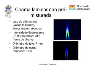 Chama laminar não pré-
         misturada
• Jato de gás natural
  (vazão flutuante),
  atmosfera em repouso
• Intensidade fluorescente
  (PLIF) do radical OH:
  frente de chama
• Diâmetro do jato: 7 mm
• Diâmetro do corpo
  rombudo: 6 cm



                     II Escola de Combustão
 