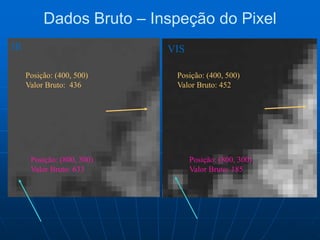 Dados Bruto – Inspeção do Pixel
Posição: (800, 300)
Valor Bruto: 633
Posição: (400, 500)
Valor Bruto: 436
Posição: (400, 500)
Valor Bruto: 452
Posição: (800, 300)
Valor Bruto: 185
IR VIS
 