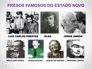 PRESOS FAMOSOS DO ESTADO NOVO
LUIZ CARLOS PRESTES OLGA JORGE AMADO
GRACILIANO RAMOS PLÍNIO SALGADO RAQUEL DE QUEIROZ MONTEIRO LOBATO
 