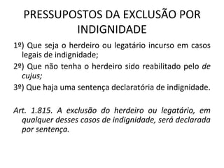 PRESSUPOSTOS DA EXCLUSÃO POR INDIGNIDADE 1º) Que seja o herdeiro ou legatário incurso em casos legais de indignidade; 2º) Que não tenha o herdeiro sido reabilitado pelo  de cujus; 3º) Que haja uma sentença declaratória de indignidade. Art. 1.815. A exclusão do herdeiro ou legatário, em qualquer desses casos de indignidade, será declarada por sentença.  