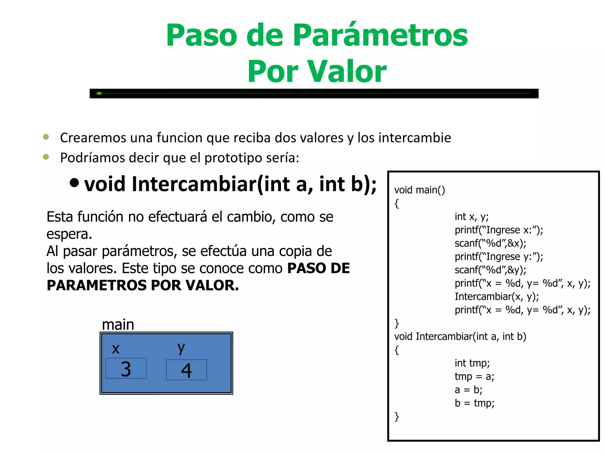 Paso de Parámetros
                        Por Valor
 Crearemos una funcion que reciba dos valores y los intercambie
 Podríamos decir que el prototipo sería:
     void Intercambiar(int a, int b);                 void main()
                                                       {
Esta función no efectuará el cambio, como se                         int x, y;
                                                                     printf(“Ingrese x:”);
espera.
                                                                     scanf(“%d”,&x);
Al pasar parámetros, se efectúa una copia de                         printf(“Ingrese y:”);
los valores. Este tipo se conoce como PASO DE                        scanf(“%d”,&y);
PARAMETROS POR VALOR.                                                printf(“x = %d, y= %d”, x, y);
                                                                     Intercambiar(x, y);
                                                                     printf(“x = %d, y= %d”, x, y);
         main                                          }
                                                       void Intercambiar(int a, int b)
          x          y               Intercambiar      {

              3      4
                     a       b            tmp
                                                                    int tmp;
                                                                    tmp = a;
                                                                    a = b;
                         4
                         3       4
                                 3          3                       b = tmp;
                                                       }
 