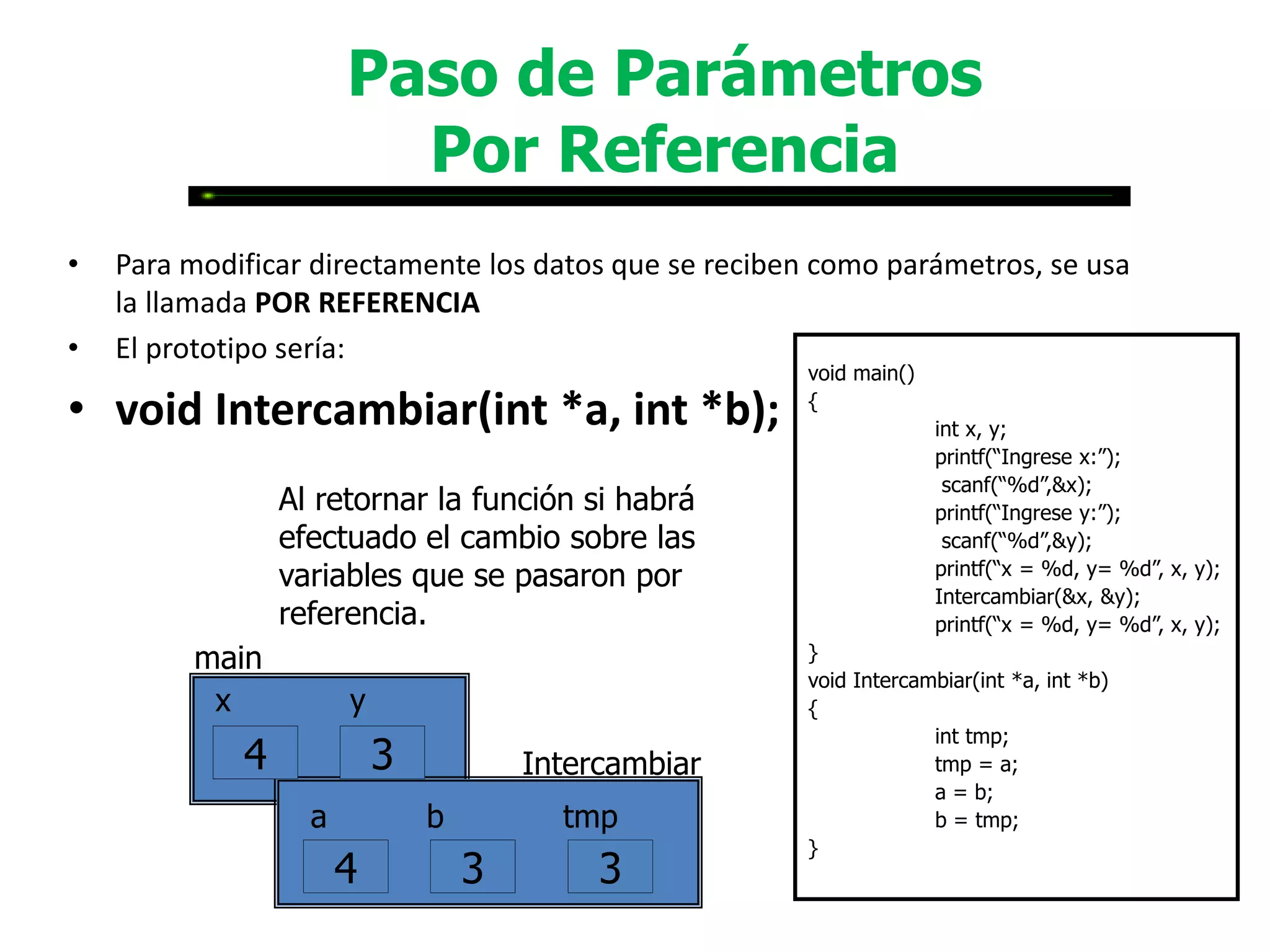 Paso de Parámetros
                         Por Referencia
•   Para modificar directamente los datos que se reciben como parámetros, se usa
    la llamada POR REFERENCIA
•   El prototipo sería:
                                                       void main()

• void Intercambiar(int *a, int *b);                   {
                                                                     int x, y;
                                                                     printf(“Ingrese x:”);
                                                                      scanf(“%d”,&x);
                 Al retornar la función si habrá                     printf(“Ingrese y:”);
                 efectuado el cambio sobre las                        scanf(“%d”,&y);
                 variables que se pasaron por                        printf(“x = %d, y= %d”, x, y);
                                                                     Intercambiar(&x, &y);
                 referencia.                                         printf(“x = %d, y= %d”, x, y);
         main                                          }
                                                       void Intercambiar(int *a, int *b)
          x            y                               {
                                                                    int tmp;
             4
             3             3
                           4           Intercambiar                 tmp = a;
                                                                    a = b;
                   a           b         tmp                        b = tmp;
                                                       }
                       3
                       4           3
                                   4        3
 