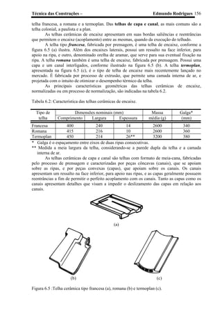 Técnica das Construções – Edmundo Rodrigues 156
telha francesa, a romana e a termoplan. Das telhas de capa e canal, as mais comuns são a
telha colonial, a paulista e a plan.
As telhas cerâmicas de encaixe apresentam em suas bordas saliências e reentrâncias
que permitem o encaixe (acoplamento) entre as mesmas, quando da execução do telhado.
A telha tipo francesa, fabricada por prensagem, é uma telha de encaixe, conforme a
figura 6.5 (a) ilustra. Além dos encaixes laterais, possui um ressalto na face inferior, para
apoio na ripa, e outro, denominado orelha de aramar, que serve para sua eventual fixação na
ripa. A telha romana também é uma telha de encaixe, fabricada por prensagem. Possui uma
capa e um canal interligados, conforme ilustrado na figura 6.5 (b). A telha termoplan,
apresentada na figura 6.5 (c), é o tipo de telha de encaixe mais recentemente lançado no
mercado. É fabricada por processo de extrusão, que permite uma camada interna de ar, e
projetada com o intuito de otimizar o desempenho térmico da telha.
As principais características geométricas das telhas cerâmicas de encaixe,
normalizadas ou em processo de normalização, são indicadas na tabela 6.2.
Tabela 6.2: Característica das telhas cerâmicas de encaixe.
Tipo de Dimensões nominais (mm) Massa Galga*
telha Comprimento Largura Espessura média (g) (mm)
Francesa 400 240 14 2600 340
Romana 415 216 10 2600 360
Termoplan 450 214 26** 3200 380
* Galga é o espaçamento entre eixos de duas ripas consecutivas.
** Medida a meia largura da telha, considerando-se a parede dupla da telha e a camada
interna de ar.
As telhas cerâmicas de capa e canal são telhas com formato de meia-cana, fabricadas
pelo processo de prensagem e caracterizadas por peças côncavas (canais), que se apoiam
sobre as ripas, e por peças convexas (capas), que apoiam sobre os canais. Os canais
apresentam um ressalto na face inferior, para apoio nas ripas, e as capas geralmente possuem
reentrâncias a fim de permitir o perfeito acoplamento com os canais. Tanto as capas como os
canais apresentam detalhes que visam a impedir o deslizamento das capas em relação aos
canais.
(a)
(b) (c)
Figura 6.5 :Telha cerâmica tipo francesa (a), romana (b) e termoplan (c).
 