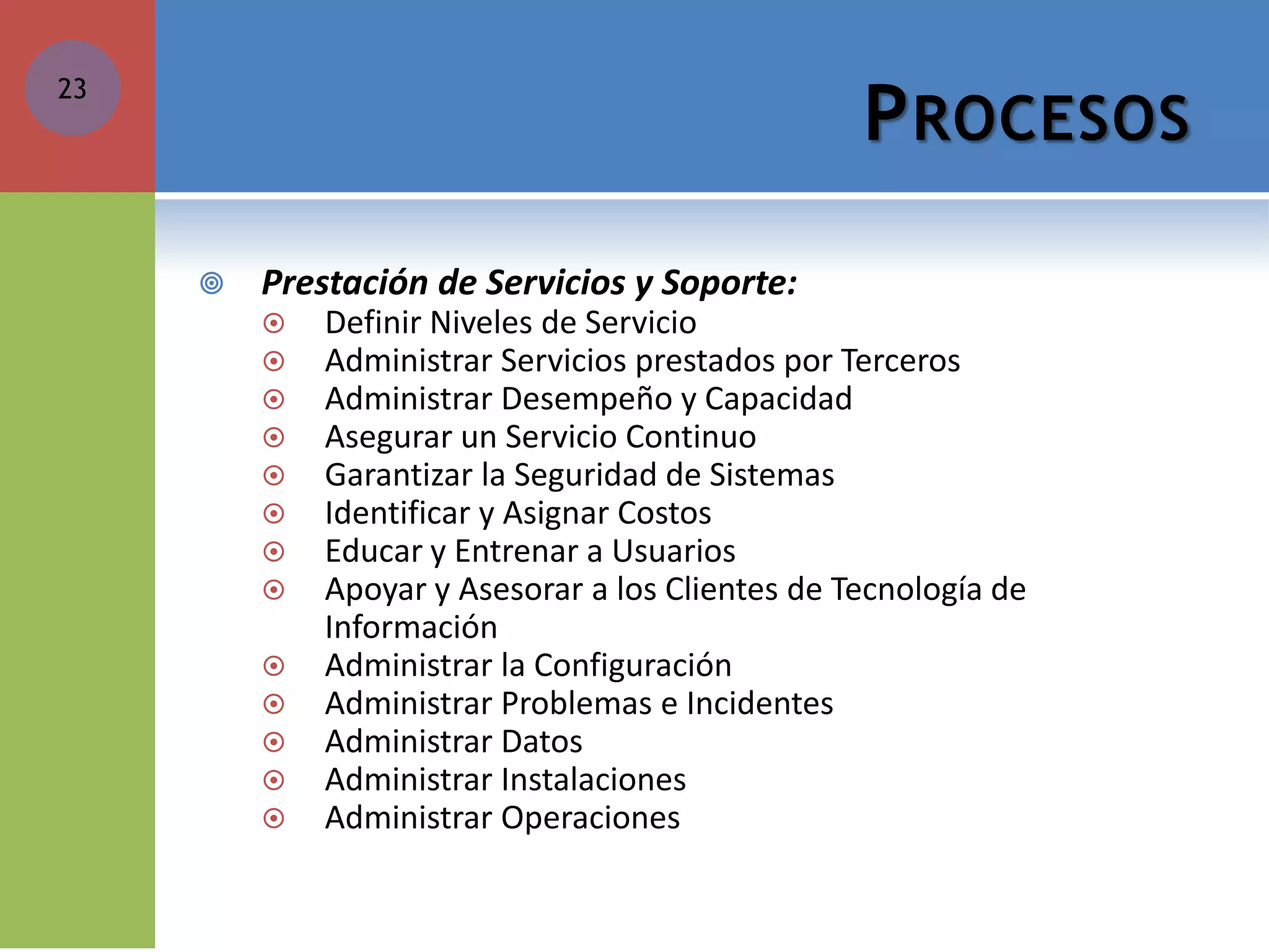 PROCESOS 
Prestación de Servicios y Soporte: 
Definir Niveles de Servicio 
Administrar Servicios prestados por Terceros 
Administrar Desempeño y Capacidad 
Asegurar un Servicio Continuo 
Garantizar la Seguridad de Sistemas 
Identificar y Asignar Costos 
Educar y Entrenar a Usuarios 
Apoyar y Asesorar a los Clientes de Tecnología de Información 
Administrar la Configuración 
Administrar Problemas e Incidentes 
Administrar Datos 
Administrar Instalaciones 
Administrar Operaciones 
23  