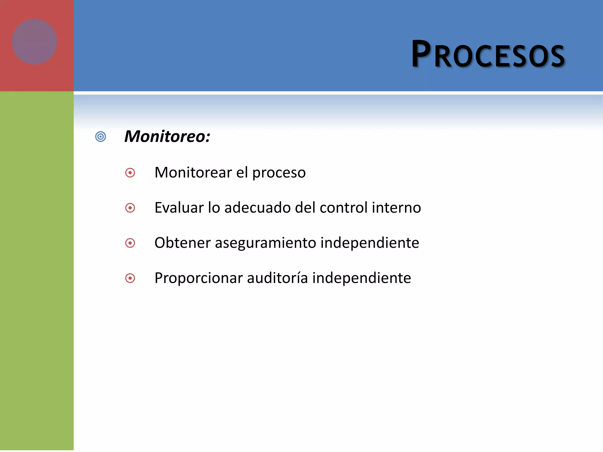 PROCESOS 
Monitoreo: 
Monitorear el proceso 
Evaluar lo adecuado del control interno 
Obtener aseguramiento independiente 
Proporcionar auditoría independiente  