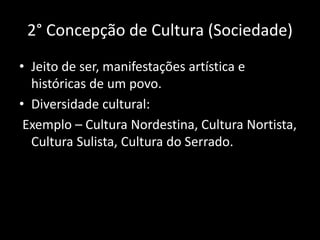 2° Concepção de Cultura (Sociedade)
• Jeito de ser, manifestações artística e
históricas de um povo.
• Diversidade cultural:
Exemplo – Cultura Nordestina, Cultura Nortista,
Cultura Sulista, Cultura do Serrado.
 