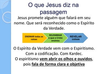 O que Jesus diz na
passagem
Jesus promete alguém que falará em seu
nome. Que será reconhecido como o Espírito
da Verdade.
O Espírito da Verdade vem com o Espiritismo.
Com a codificação. Com Kardec.
O espiritismo vem abrir os olhos e ouvidos,
pois fala de forma clara e objetiva
ENSINAR todas as
coisas
RELEMBRAR
o que o Cristo
ensinou
REVELAR
coisas
 