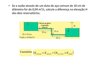 • Se a vazão através de um duto de aço comum de 10 cm de
  diâmetro for de 0,04 m3/s, calcule a diferença na elevação H
  dos dois reservatórios.
 