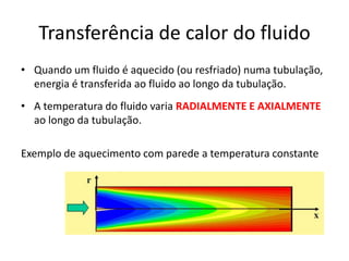 Transferência de calor do fluido
• Quando um fluido é aquecido (ou resfriado) numa tubulação,
  energia é transferida ao fluido ao longo da tubulação.
• A temperatura do fluido varia RADIALMENTE E AXIALMENTE
  ao longo da tubulação.

Exemplo de aquecimento com parede a temperatura constante
 