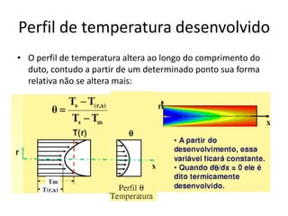 Perfil de temperatura desenvolvido
• O perfil de temperatura altera ao longo do comprimento do
  duto, contudo a partir de um determinado ponto sua forma
  relativa não se altera mais:
 