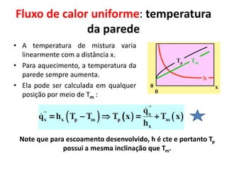 Fluxo de calor uniforme: temperatura
              da parede
• A temperatura de mistura varia
  linearmente com a distância x.
• Para aquecimento, a temperatura da
  parede sempre aumenta.
• Ela pode ser calculada em qualquer
  posição por meio de Tm :




 Note que para escoamento desenvolvido, h é cte e portanto Tp
              possui a mesma inclinação que Tm.
 