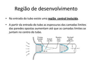 Região de desenvolvimento
• Na entrada do tubo existe uma região central invíscida.

• A partir da entrada do tubo as espessuras das camadas limites
  das paredes opostas aumentam até que as camadas limites se
  juntam no centro do tubo.
 