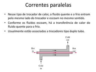 Correntes paralelas
• Nesse tipo de trocador de calor, o fluido quente e o frio entram
  pelo mesmo lado do trocador e escoam no mesmo sentido.
• Conforme os fluidos escoam, há a transferência de calor do
  fluido quente para o frio.
• Usualmente estão associados a trocadores tipo duplo tubo.
 
