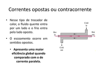 Correntes opostas ou contracorrente
• Nesse tipo de trocador de
  calor, o fluido quente entra
  por um lado e o frio entra
  pelo lado oposto.
• O escoamento ocorre em
  sentidos opostos.

  • Apresenta uma maior
   eficiência global quando
     comparado com o de
       corrente paralela.
 