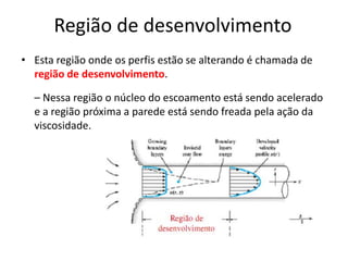 Região de desenvolvimento
• Esta região onde os perfis estão se alterando é chamada de
  região de desenvolvimento.

  – Nessa região o núcleo do escoamento está sendo acelerado
  e a região próxima a parede está sendo freada pela ação da
  viscosidade.
 