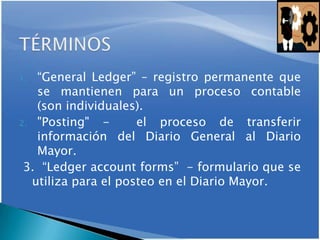 1. “General Ledger” – registro permanente que
se mantienen para un proceso contable
(son individuales).
2. "Posting" - el proceso de transferir
información del Diario General al Diario
Mayor.
3. “Ledger account forms” - formulario que se
utiliza para el posteo en el Diario Mayor.
 