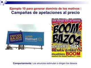 Ejemplo 10 para generar dominio de los motivos : Campañas de apelaciones al precio Comportamiento:  Los anuncios estimulan o dirigen los deseos 