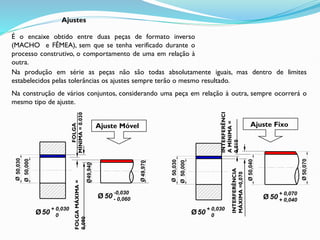 Na construção de vários conjuntos, considerando uma peça em relação à outra, sempre ocorrerá o
mesmo tipo de ajuste.
Ajustes
É o encaixe obtido entre duas peças de formato inverso
(MACHO e FÊMEA), sem que se tenha verificado durante o
processo construtivo, o comportamento de uma em relação à
outra.
Ø
50,000
Ø
50,030
Ø
50,000
Ø
50,030
Ø
50,070
Ø
50,040
Na produção em série as peças não são todas absolutamente iguais, mas dentro de limites
estabelecidos pelas tolerâncias os ajustes sempre terão o mesmo resultado.
Ø49,940
Ø
49,970
FOLGA
MÍNIMA
=
0.030
FOLGA
MÁXIMA
=
0,090
50
+ 0,030
0
Ø
50
-0,030
- 0,060
Ø
INTERFERÊNCIA
MÁXIMA
=0,070
INTERFERÊNCI
A
MÍNIMA
=
0,010
50
+ 0,030
0
Ø
50
+ 0,070
+ 0,040
Ø
Ajuste Móvel Ajuste Fixo
 