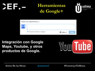 Herramientas
de Google+

Integración con Google
Maps, Youtube, y otros
productos de Google.

Arturo De las Heras

@arturocef

#ConstruyeTuMarca

 