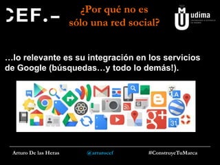 ¿Por qué no es
sólo una red social?
…lo relevante es su integración en los servicios
de Google (búsquedas…y todo lo demás!).

Arturo De las Heras

@arturocef

#ConstruyeTuMarca

 