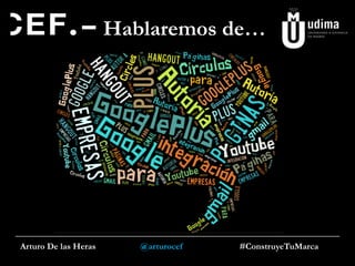 Hablaremos de…

Arturo De las Heras

@arturocef

#ConstruyeTuMarca

 