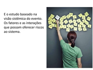 E o estudo baseado na
visão sistêmica do evento.
Os fatores e as interações
que possam oferecer riscos
ao sistema.

 
