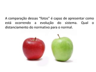 A comparação dessas “fotos” é capaz de apresentar como
está ocorrendo a evolução do sistema. Qual o
distanciamento do normativo para o normal.

 