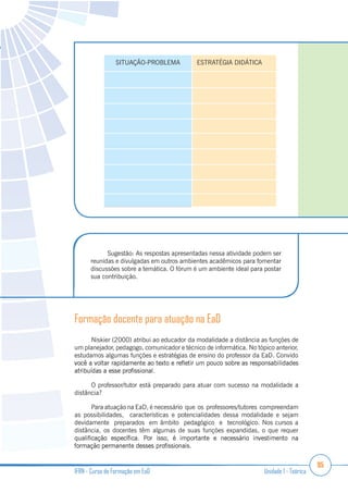 95
IFRN - Curso de Formação em EaD Unidade 1 - Teórica
SITUAÇÃO-PROBLEMA ESTRATÉGIA DIDÁTICA
Formação docente para atuação na EaD
Niskier (2000) atribui ao educador da modalidade a distância as funções de
um planejador, pedagogo, comunicador e técnico de informática. No tópico anterior,
estudamos algumas funções e estratégias de ensino do professor da EaD. Convido
O professor/tutor está preparado para atuar com sucesso na modalidade a
distância?
Para atuação na EaD, é necessário que os professores/tutores compreendam
as possibilidades, características e potencialidades dessa modalidade e sejam
devidamente preparados em âmbito pedagógico e tecnológico. Nos cursos a
distância, os docentes têm algumas de suas funções expandidas, o que requer
Sugestão: As respostas apresentadas nessa atividade podem ser
reunidas e divulgadas em outros ambientes acadêmicos para fomentar
discussões sobre a temática. O fórum é um ambiente ideal para postar
sua contribuição.
 