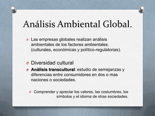 TransnacionalSe ve al mundo como un mercado y se enfatizan las semejanzas culturales de los países o lo que el consumidor universal necesita o desea más.Estrategia de Marketing Global: consta de la estandarización de las actividades de marketing cuando existen similitudes culturales y se adaptan cuando hay diferencias.