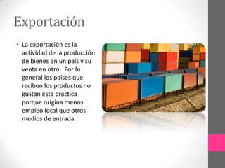 Reglamentos comercialesEstabilidad politicaEl comercio entre naciones depende de la estabilidad política.Varios factores intervienen en la estabilidad política: Orientación del gobierno hacia las empresas extranjeras, y el comercio con otros países.Estos factores se combinan para crear un clima político favorable o desfavorable para el marketing y la inversión financiera en un país o región del mundo.Los gerentes de marketing evalúan la estabilidad política mediante varias mediciones y con frecuencia rastrean las tasas de riesgo de un país.